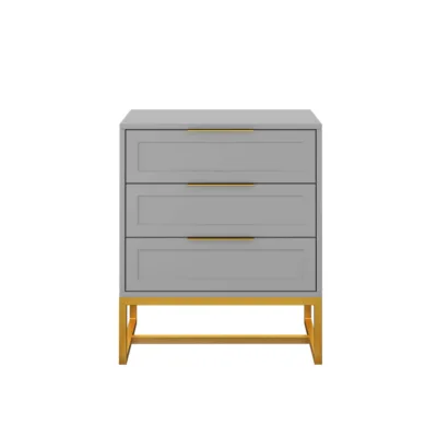 Mesa de Cabeceira Classic 3 Gavetas 60cm - Cinza Azulado e Dourado